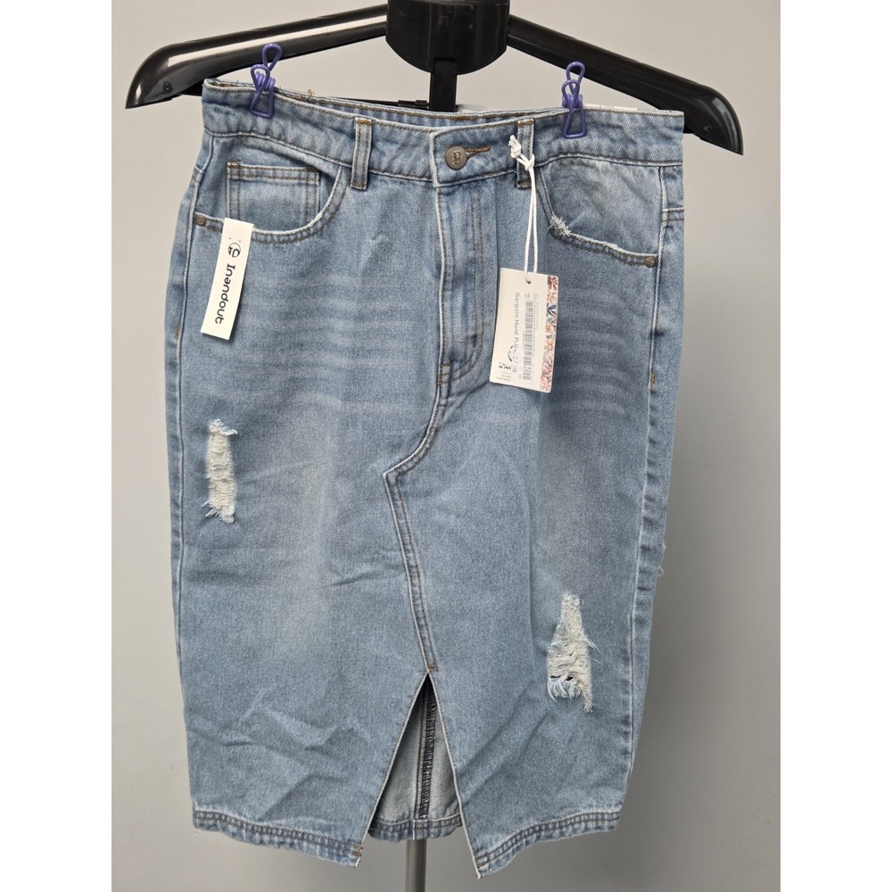 NWT Inandout Jeans Distressed Midi Denim Skirt Front Slit Y2K Womens 5/27